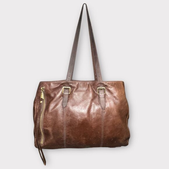 HOBO International Purse Brown Glazed Leather Boho Shoulder Bag Duffle Carryall - Picture 3 of 11